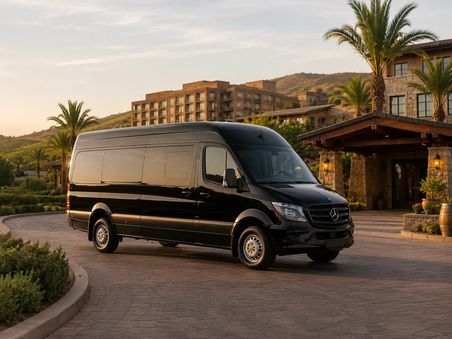 Black Mercedes Sprinter van for group transportation